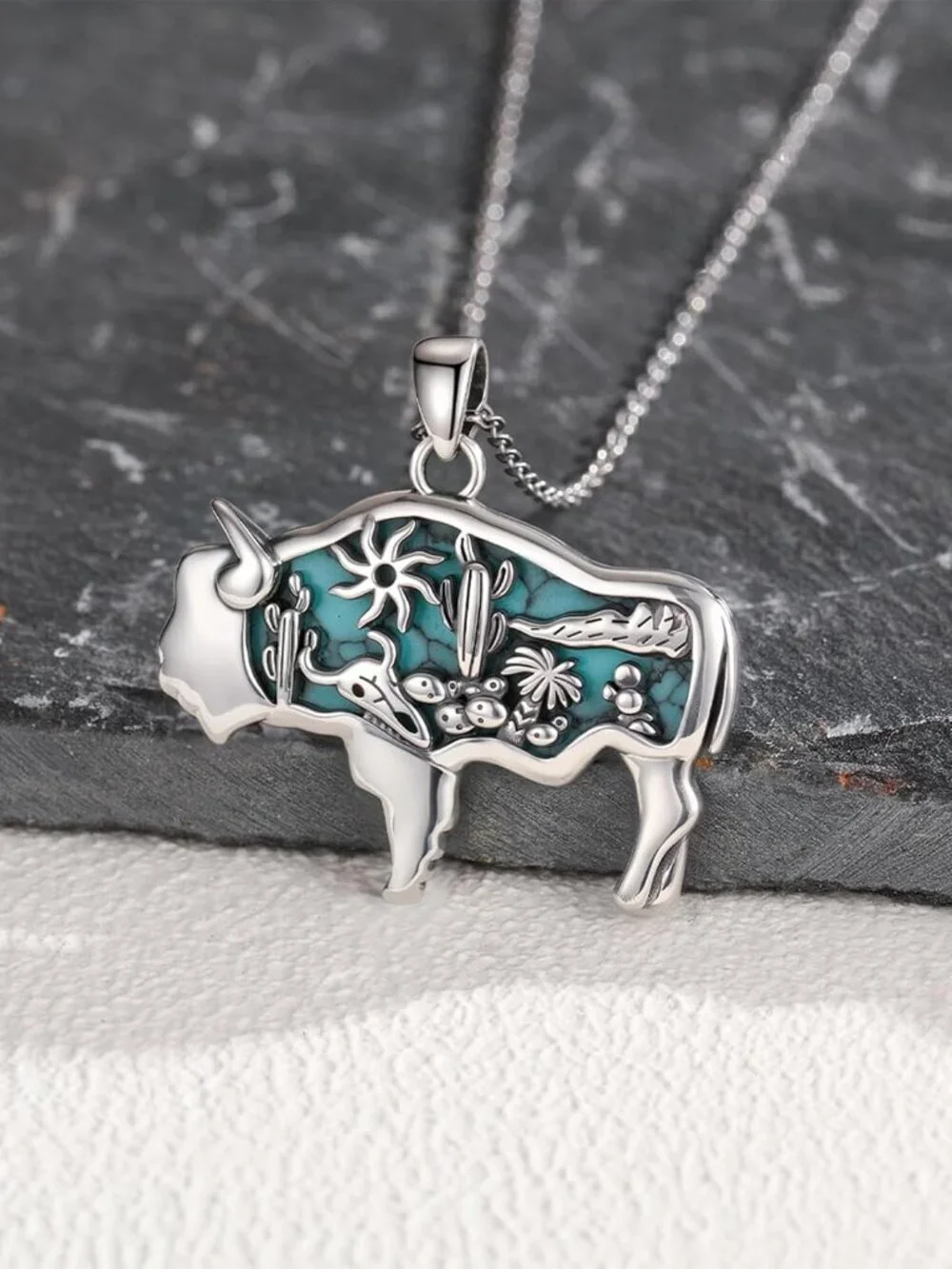 Women's Highland Cow Sterling Turquoise Pendant Highland Cow Skull Necklace